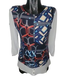 Marie Claire Colorful Geometric Print Top With White Fooler Shirt S